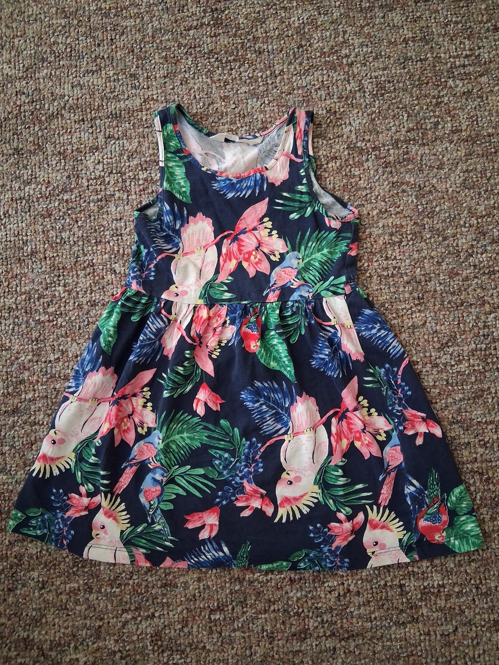 H&M Girls Navy Blue Tropical Cockatoo Parrot Floral Tank Dress 2-4T - Picture 2 of 5